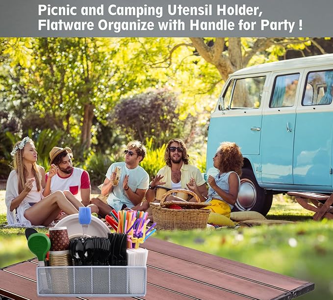 Paper Plate Organizer For Kitchen Countertop, Metal Silverware Caddy With 6 Compartments For Plate, Cup,Napkin,Paper Plate And Utensil Holder Caddy For Barbecue,Party,Camping,Picnic (BLACK)