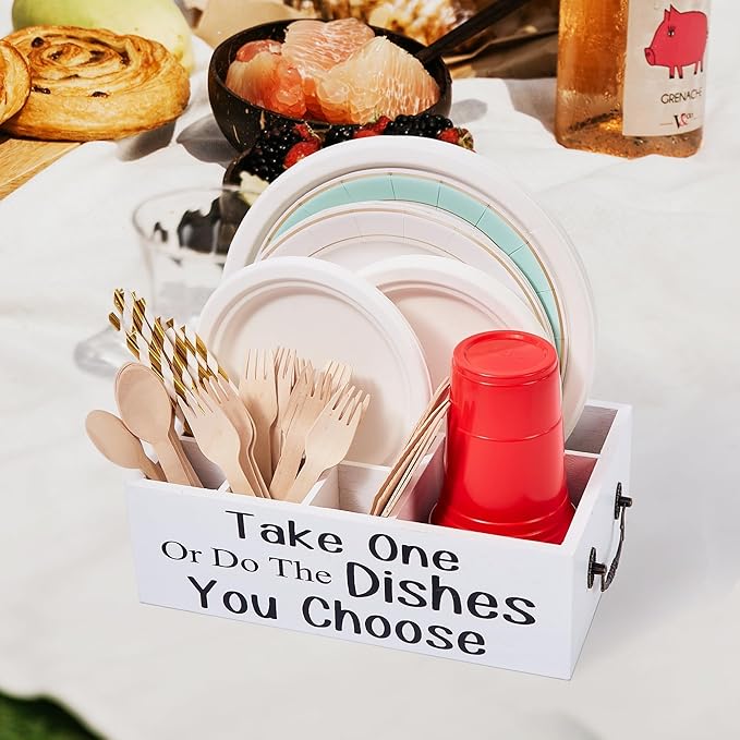 Small Paper Plate Holder,Utensil Cutlery Caddy Organizer for Kitchen Countertop,Party,Picnic,Wood Silverware Dispenser For Cups Forks Spoons Plates Napkins,Coffee Station Organizer(White)