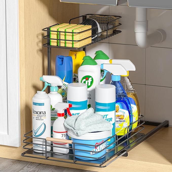 LAMU Under Sink Organizers and Storage, 2 Tier Bathroom Kitchen Cabinet Organizers, Pull Out Under Sink Storage Kitchen Shelf Organizer for Under Counter Storage