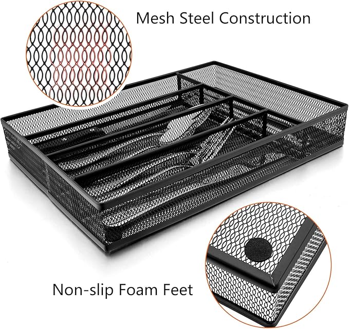 E-far Silverware Drawer Organizer, Mesh Wire Utensil Tray Drawer Organizer for Kitchen, Black Narrow Metal Flatware Cutlery Holder/Divider, 5 Compartment & Small Size - 12.5 x 9.25-Inch