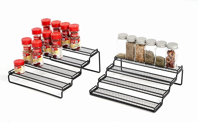 GONGSHI Spice Rack Organizer for Cabinet, Pantry and Countertop, 4 Tier Expandable Seasoning Shelf for Cabinet, Black