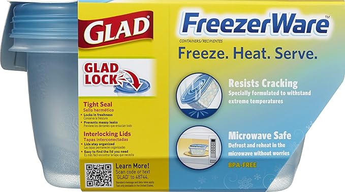 Gladware Freezerware Food Storage Containers, Large Rectangle Holds 64 Ounces of Food, 2 Count Set | Freezer Safe Containers to Store Food and Preserve Freshness | 6 Pack ( 12 Containers Total)