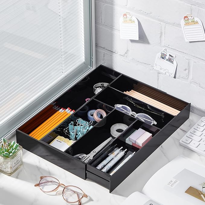 1 Pcs Acrylic Drawer Organizer Maximum 15 x 18 x 2 Inch Expandable Drawer Organizer Pens Notebook Ruler Makeup Tray with 7 Adjustable Compartments for Desk Office Kitchen Bathroom (Black)