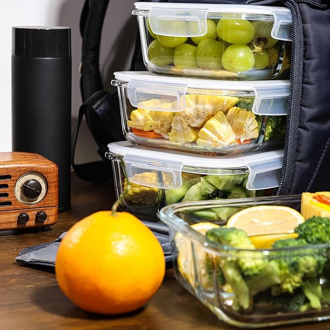 5 Pack 35 Oz Glass Storage Containers with Lids,Meal Prep Containers Reusable,3 Compartment Glass Meal Prep Containers, Food Storage and Portion Control - White