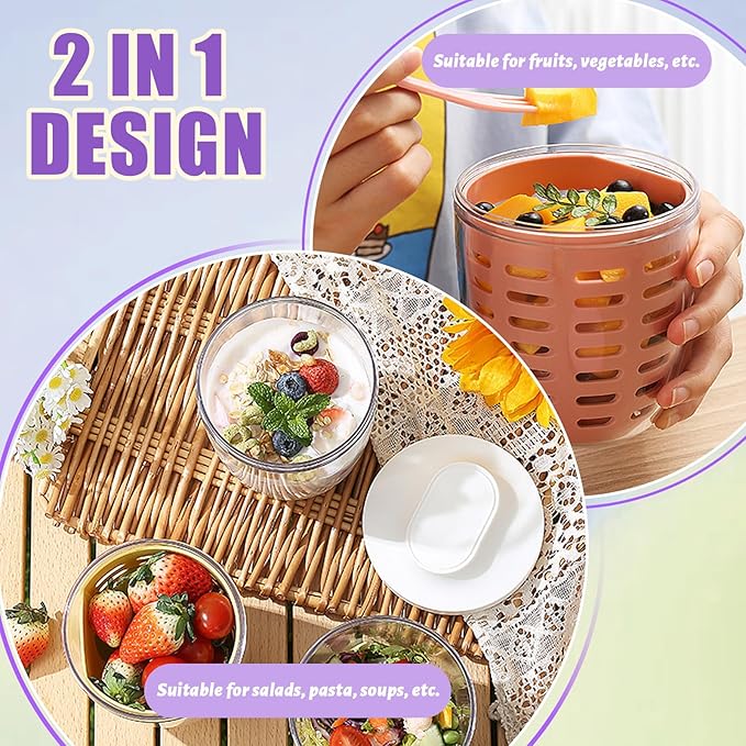 20oz Fruit Salad Storage Cup with Lids and Fork, Reusable Plastic Fruit Storage Containers for fridge with Drain Baskets, BPA-Free & Leak-Proof, Keep Fruits, Vegetables Fresh Longer (Purple)