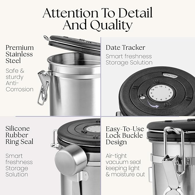 Mixpresso 16 Oz Coffee Canister with Scoop Stainless Steel Airtight Coffee Container, Ground Coffee Bean Storage with Date Tracker, Vacuum Sealed Espresso Airtight Container Coffee Jar Sugar Container