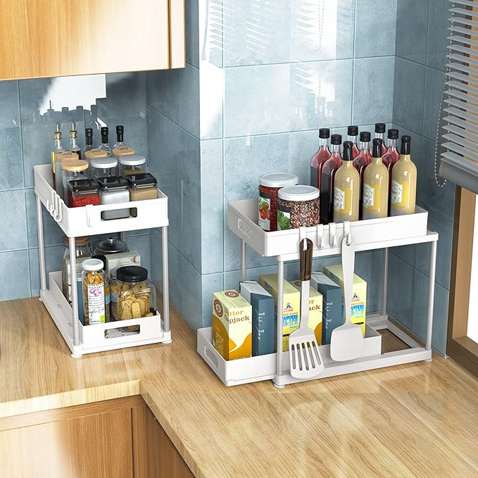 Under Sink Organizers and Storage, 2 Pack Large Capacity Heavy Load Double Pull-out Under Sink Shelves with Sliding Drawer for Kitchen and Bathroom, White