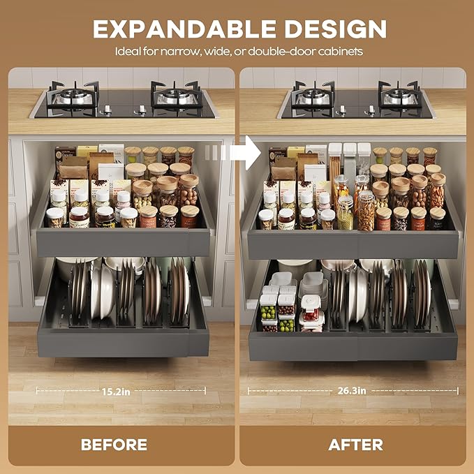 2 Pack Pull out Cabinet Organizer 21"Deep With Raising Pad for Framed Cabinets, Expandable Slide out Drawers for Kitchen Cabinets with 4pcs Divider Racks, Roll out Shelves 15.2"-26.3"W Black