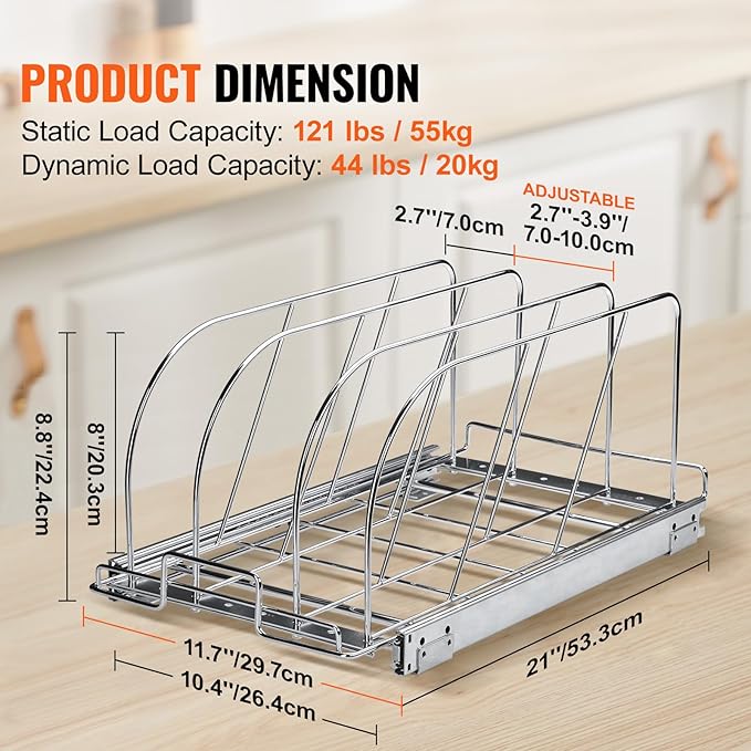 VEVOR Pan and Pot Rack, Expandable Pull Out Under Cabinet Organizer, Cookie Sheet Baking Pans tray Organization, Adjustable Wire Dividers, Steel Lid Holder for Kitchen Cabinet & Pantry Storage, 11.7"W