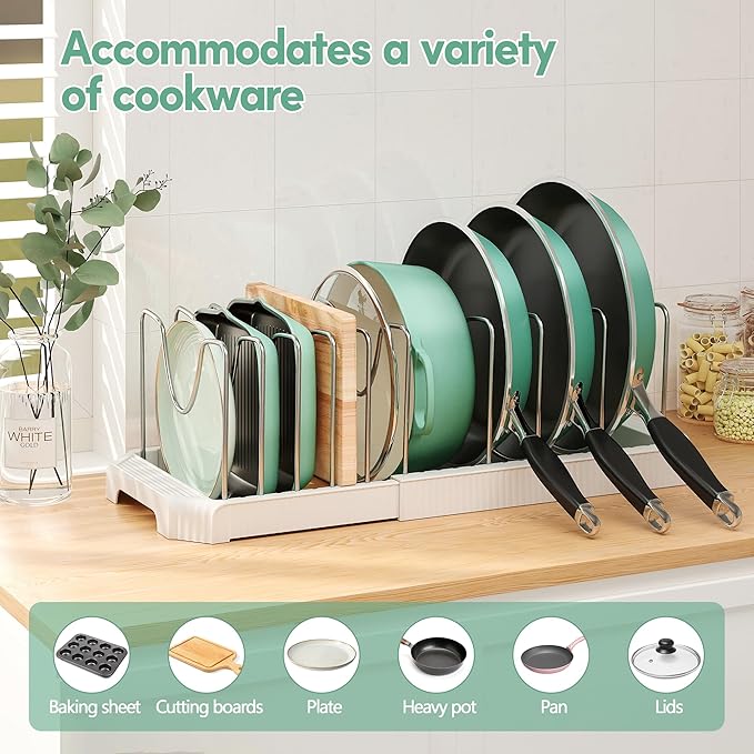 Pots and Pans Organizer for under Cabinet, Expandable Pan Pot Organizers inside Cabinet, Heavy Duty Pot Rack for kitchen organizers and storage Holder with 10 adjustable compartment White
