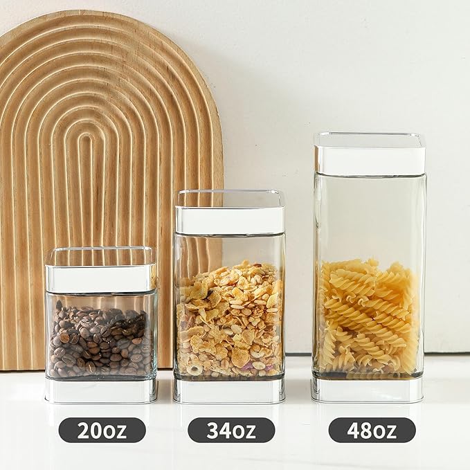 Glass Storage Jars-Large Kitchen Glass Canisters with Airtight Lids -Coffee Pasta Sugar Tea Snack Nuts Cookie Flour Food Container - Set of 3, Silver
