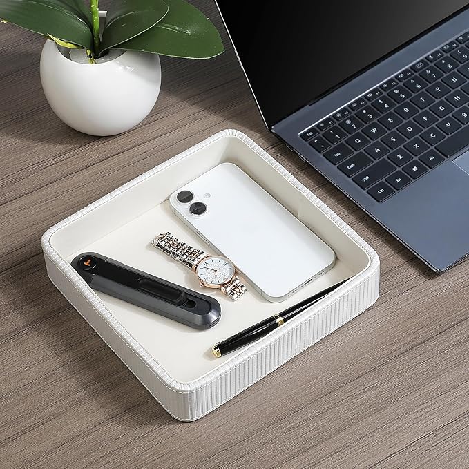 PU Leather Valet Tray Organizer, Small Nightstand Organizer Bedside Desktop Storage for Womens and Men, Perfume Trinket Catchall Vanity Tray for Key Watch Wallet (White, Square)