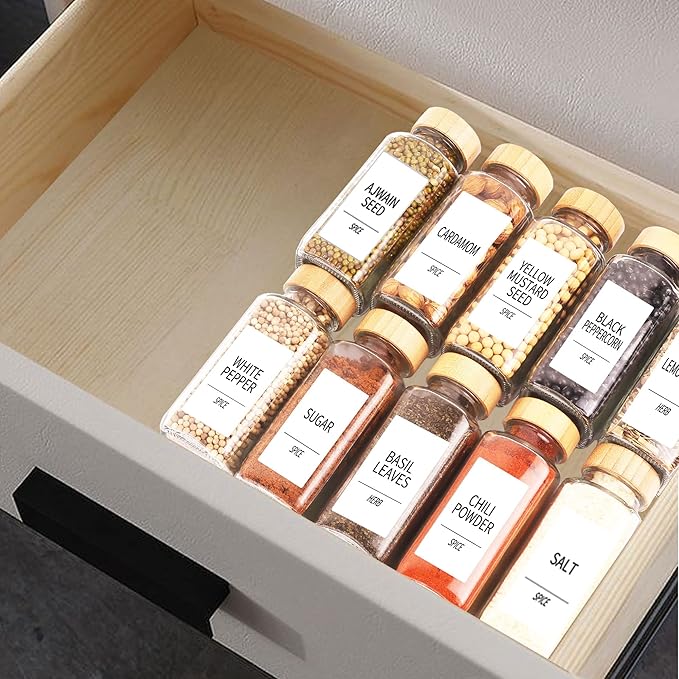 SWOMMOLY 24 Pcs Glass Jars with Labels, 8 oz Spice Bottles with Bamboo Lids, Empty Shaker Containers with 366 White Labels, Chalk Marker, Funnel Set