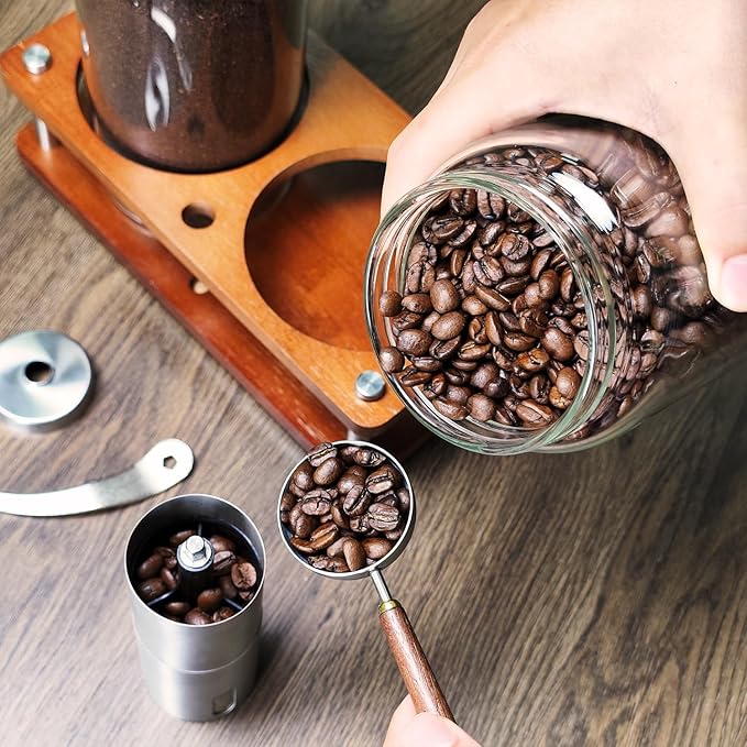 Glass Coffee Grounds Container with Shelf, 2 × 45 oz Glass Coffee Canisters with Airtight Thread Lid, Glass Storage Jars with Stainless Steel Spoon for Coffee Bean, Sugar,Nut