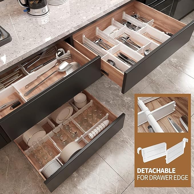 HiYZ Expandable Drawer Dividers with Inserts, Large Kitchen Utensils Drawers Divider, 2.36" High Adjustable Drawer Organizers Separators for Clothing,Kitchen Utensils,Tools,8 Dividers with 16 Inserts