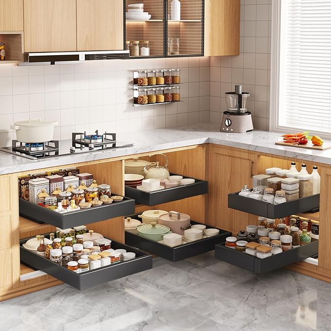 4 Pack Pull Out Cabinet Organizers 21" Deep with Raising Pad for Framed Cabinets,Expandable Slide Out Drawers Upgrade 3 Slide Rails,Roll Out Shelves Adhesive,Adjustable Width 9"-14" Black