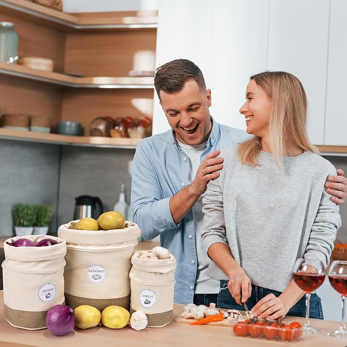Meraki Home Potato Onion Garlic Storage Containers - Farmhouse Kitchen Storage Organization Pots - Sustainable Jute Cotton Vegetable Baskets Bins - Drawstring Holder