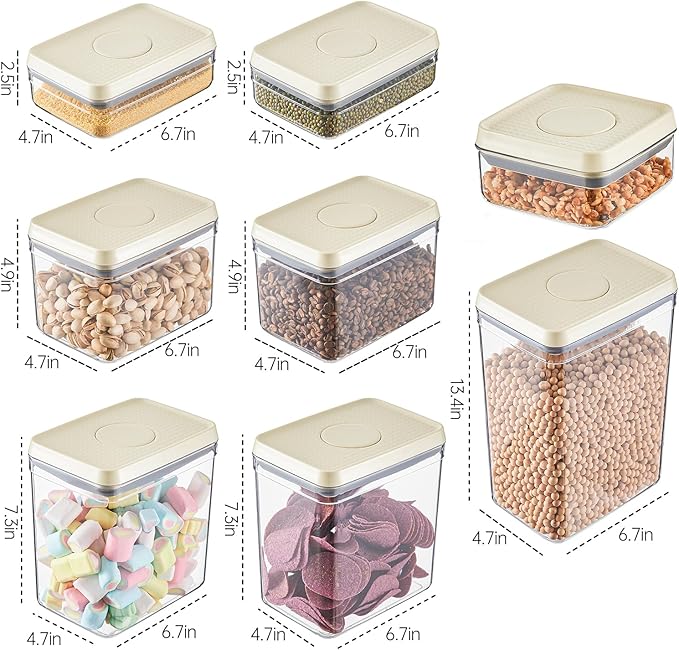 Airtight Food Storage Containers with Pop Top Lids, 7 Pcs BPA Free Plastic Dry Food Canisters for Kitchen Pantry Organization Cereal Flour and Sugar, (0.36qt+2.3qt+1.3qt)*2+3qt