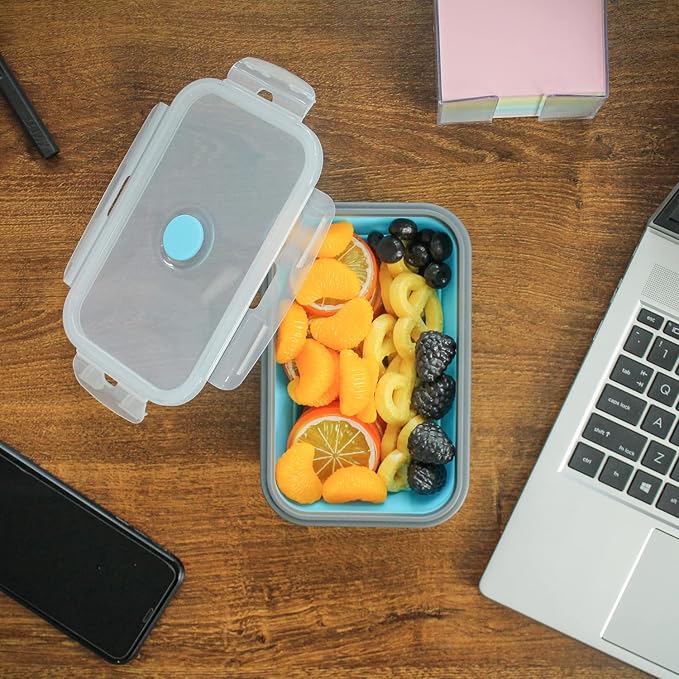 Collapsible Food Storage Containers with Airtight Lid & Vent Valve, 27 oz, Kitchen Stacking Silicone Collapsible Meal Prep Container Set for Leftover, Microwave Freezer Safe, Blue, Set of 4