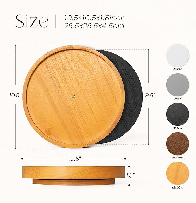 Wood Non-Skid Lazy Susan Organizer Turntable with Rubber Mat – 10.5" Lazy Susan Turntable for Cabinet, Table Top, Pantry & Kitchen Sink - Effortless Organization and Storage Solution (Light Brown)
