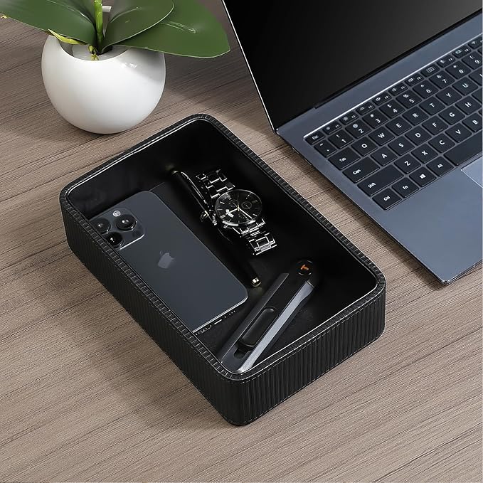 PU Leather Valet Tray Organizer, Small Nightstand Organizer Bedside Desktop Storage for Womens and Men, Perfume Trinket Catchall Vanity Tray for Key Watch Wallet (Black, Rectangular)