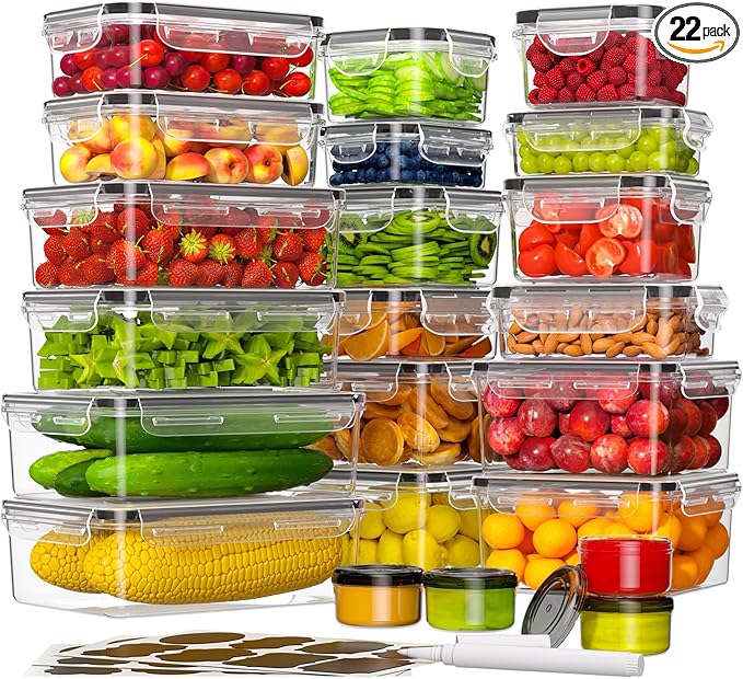 44-Piece Food Storage Containers with Lids(22 Containers & 22 Lids), Plastic Food Containers for Pantry & Kitchen Storage and Organization, BPA-Free, Leak Proof, Reusable with Labels & Pen