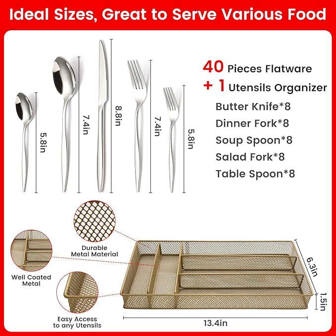 40 Pieces Silverware with Organizer, Stainless Steel Flatware Set for 8, Mirror Polish Utensils Cutlery for Home Kitchen Restaurant Hotel, Include Knives Forks Spoons, Dishwasher Safe