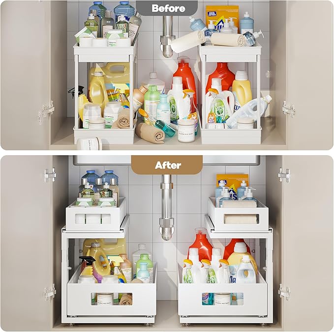 1 Pack 15.74IN-Depth Under Sink Organizer with Next-Gen Ball-Bearing Slides,2-Tier Pull Out Cabinet Storage,Height Adjustable Drawer Shelf for Bathroom,Kitchen,Laundry,Cabinet,Pantry-White