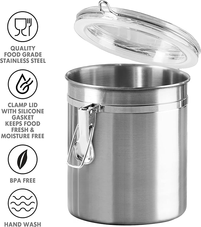 Oggi Stainless Steel Canister Set 4pc w/ Airtight Acrylic Lid & Clamp