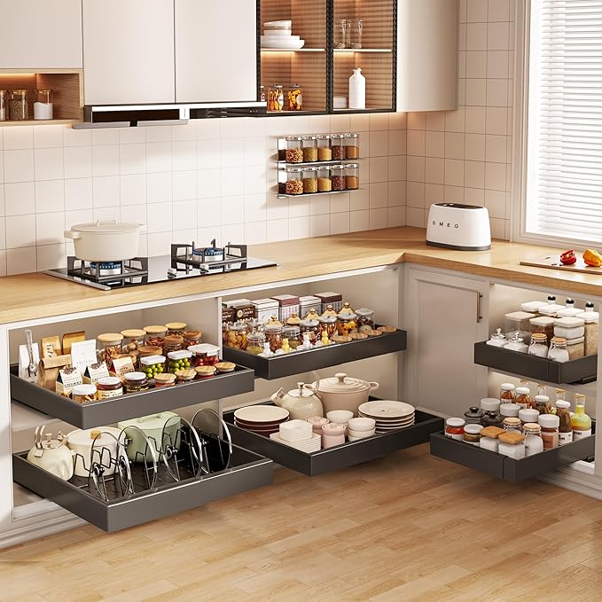 2 Pack Pull out Cabinet Organizer 21"Deep With Raising Pad for Framed Cabinets, Expandable Slide out Drawers for Kitchen Cabinets with 4pcs Divider Racks, Roll out Shelves 12.1"-20.4" W Black