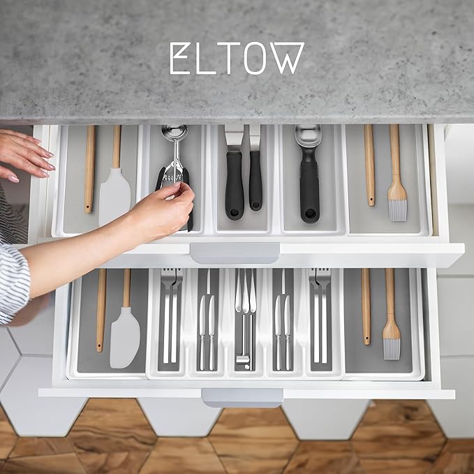 ELTOW Expandable Silverware Drawer Organizer & Utensil Tray Set, Non-Slip Kitchen Drawer Organizers and Storage, Kitchen Organization for Utensils, Cutlery, Office Supplies, Flatware Storage - White