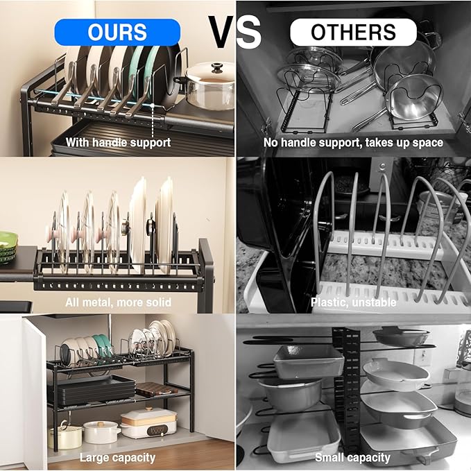 Pots and Pans Organizer Under Cabinet, Expandable 1 Tier Under Sink Organizers and Storage Adjustable Height Kitchen Pot and Pan Lid Holder Rack with 6 Dividers Under Cabinet Shelf(Black)