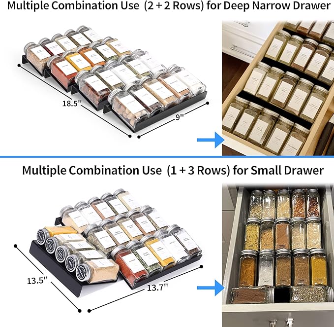 MIUKAA Black Spice Drawer Organizer, 2 Tier- 4 Pack Acrylic Drawer Seasoning Organizer, Expandable From 9'' to 18''Kitchen Spice Rack Tray for Drawer/Countertop (Jars not included)