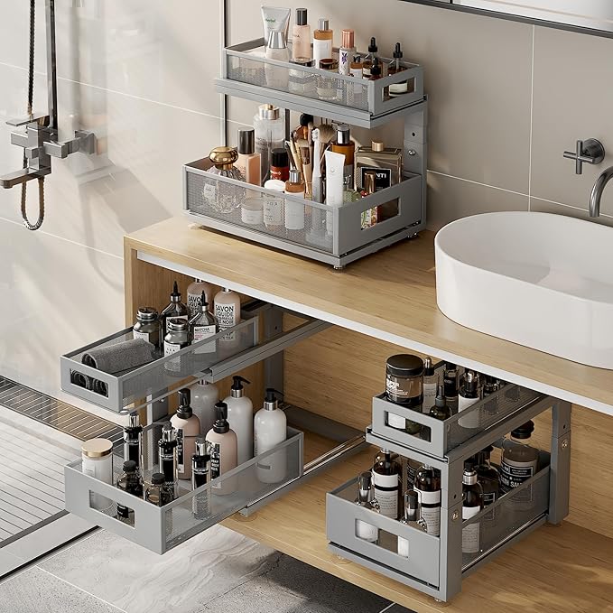 1 Pack 15.74IN-Depth Under Sink Organizer With Next-Gen Ball-Bearing Slides,2-Tier Pull Out Cabinet Storage,Height Adjustable Drawer Shelf for Bathroom,Kitchen,Laundry,Cabinet,Pantry-Gun Gray