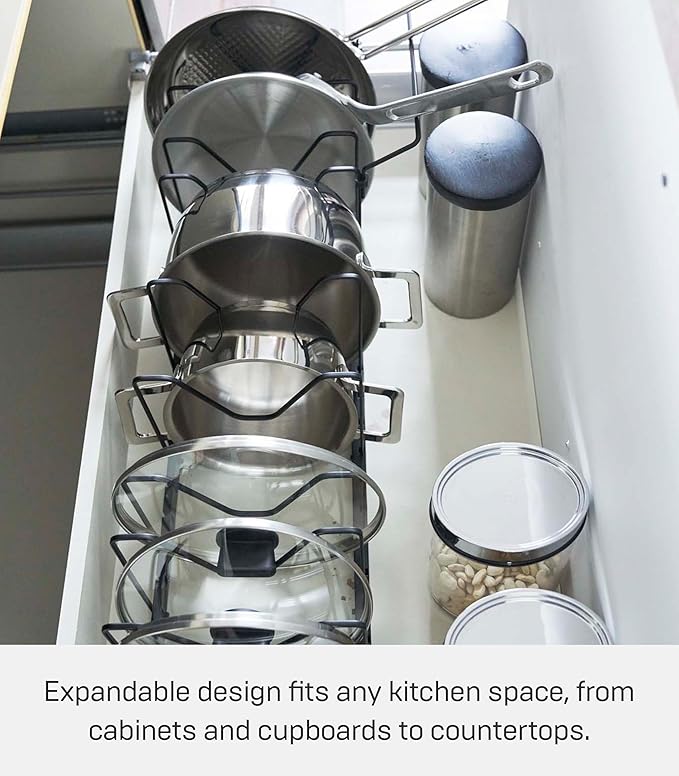 Yamazaki Home Adjustable Lid & Pan Organizer - Kitchen Drawer Storage Shelf Rack Steel One Size Black