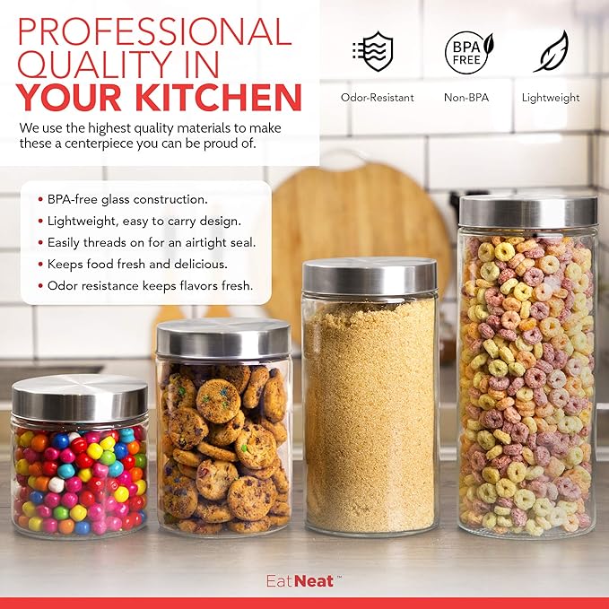 EatNeat Set of 4 Glass Canisters with Stainless Steel Lids - Sleek Airtight Glass Storage Containers for Flour, Sugar, Coffee, and Snacks, Essential for Kitchen Organization, Clear, Various Sizes