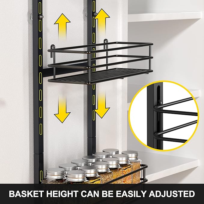 Thideewiz 12 Inches Wide Pantry Door Organizer, 6 Tier Adjustable Hanging Over the Door Spice Rack, Spice Organizer for Pantry Door, Spice Shelf for Kitchen Organizers and Storage (Black)