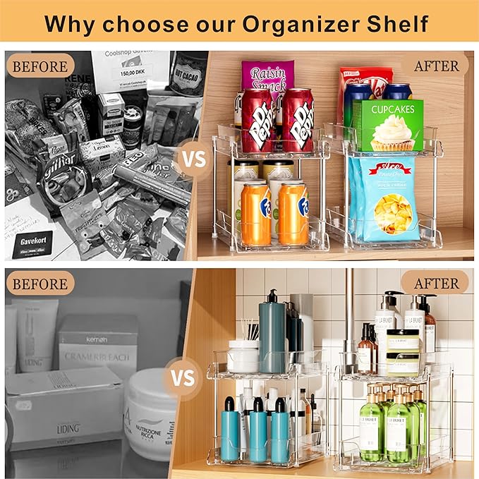 JLKDQ 2 Pack Bathroom Under Sink Organizers and Storage, 2-Tier Pull Out Medicine Cabinet Organizing- Kitchen, Pantry, Medicine Storage Bins, Vanity Makeup.(Clear,10.63" L x 8.0" W x 8.46" H).
