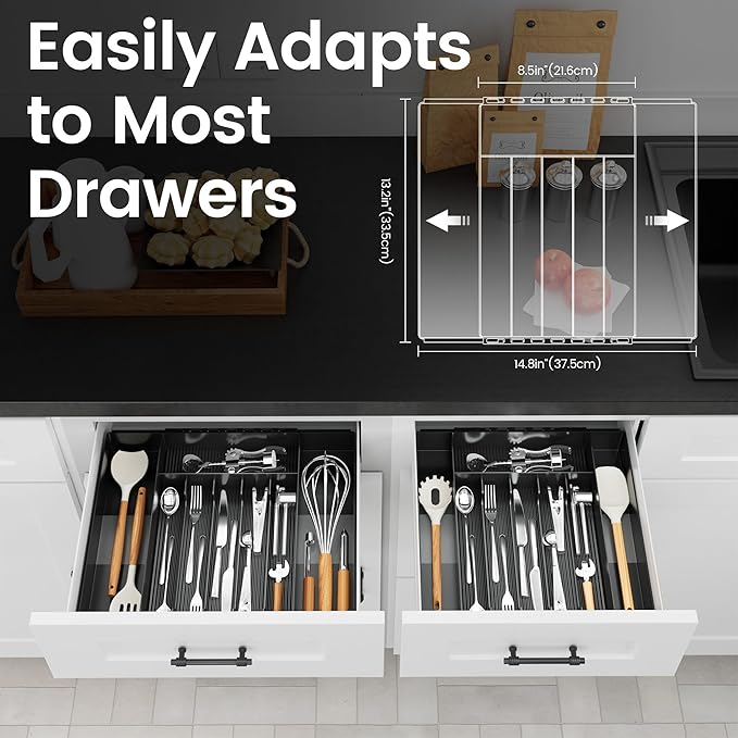 EZ COZY Silverware Organizer, 8 Slots Expandable Kitchen Drawer Organizer, Adjustable Plastic Utensil Tray for Knives, Forks & Spoons, Multipurpose Silverware Holder, BPA-Free, Black