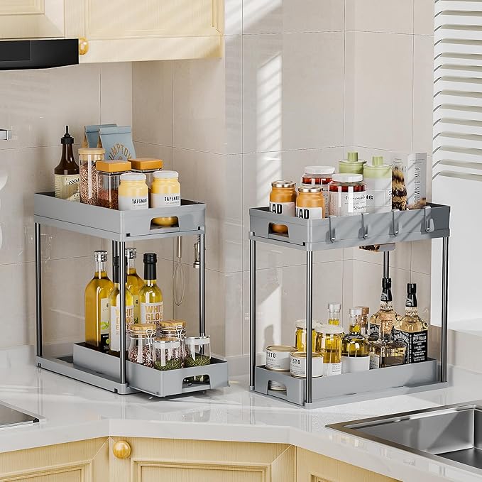 Delamu Under Sink Organizers and Storage, 2 Pack Pull Out Kitchen Bathroom Cabinet Organizer, 2 Tier Grey Under Sink Storage for Bathroom Kitchen