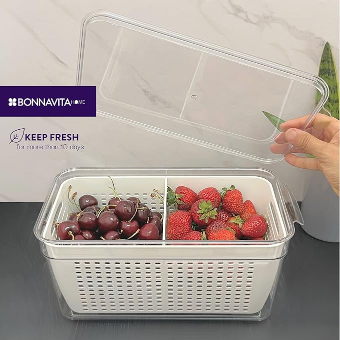 Clear Stackable Storage Containers with Lids BPA-Free Organizer Bins for Refrigerator Pantry Fridge Drawer with Colander and Dividers for Kitchen Food Preservation and Home Organization BPA Free
