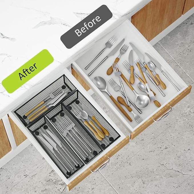 Drawer Organizer Set 5 Pack - 4-Compartment Silverware Organizer Tray + 4 Utensil Trays, Kitchen Drawer Organizer for Flatware, Cutlery, Office Supplies, Black Mesh, Non-Slip.