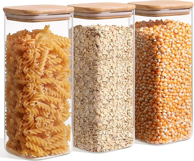 ComSaf 61oz Glass Storage Containers with Lids, Glass Jars with Lids, Clear Food Storage Jar, Square Glass Canister Set of 3, Pantry Organizers and Storage for Flour Rice Pasta Tea Coffee Bean