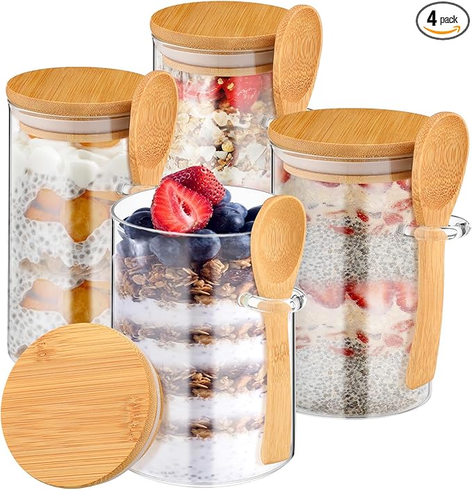Pickmesh 4 Pcs Overnight Oats Containers with Lids Overnight Oats Jars Oatmeal Cups Square Glass Meal Prep Container with Bamboo Lids and Spoons Glass Jar for Pudding Yogurt (Round Style,16oz, 10oz)