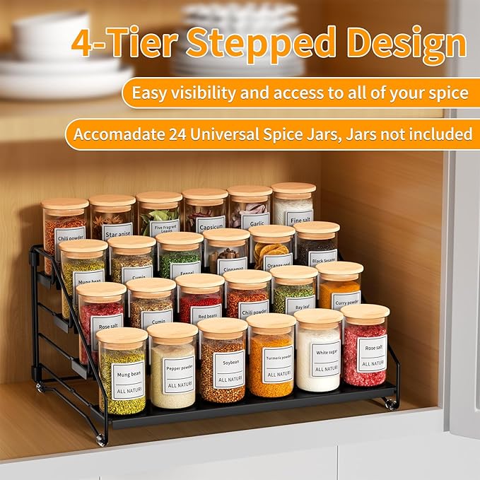 RCHYFEED Spice Rack Organizer for Cabinet Pantry,4 Tier Countertop Spice Rack,Step Spice Organization Easy Visibility,Tierd Depth Expandable Seasoning Shelf for Cabinet Organizer (Black, 1Pack)