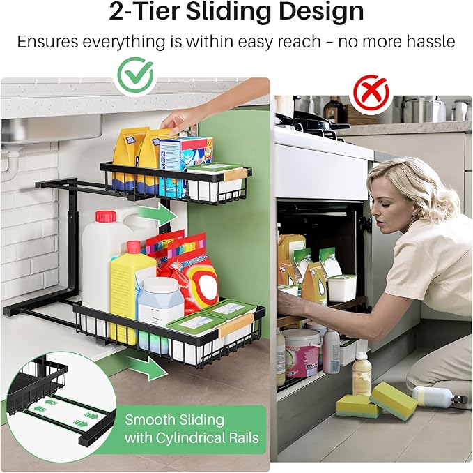 Pull Out Cabinet Organizer, 2 Tier Under Sink Organizer, Slide Out Metal Kitchen Cabinet Organizers Drawer Shelf, Sliding Storage Shelves for Kitchen Bathroom Pantry Cabinet Closet Organization Rack