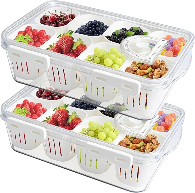 Eanpet 2Pack Divided Serving Tray with Lid 8 Compartment Veggie Tray Portable Square Snackle Box Stackable Travel Snack Platters Charcuterie Food Storage Containers for Fruit,Vegetable,Salad