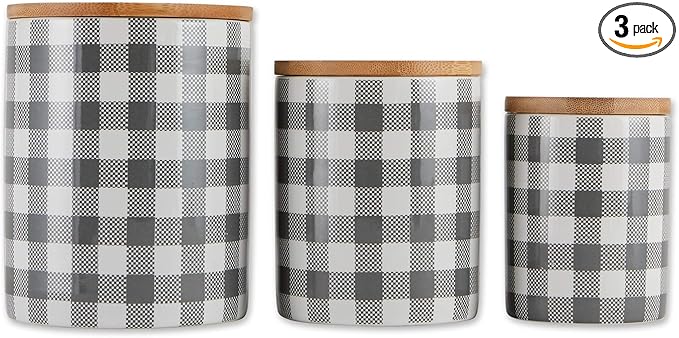 DII Ceramic Canister Sets for the Kitchen Food Safe Storage Containers with Lids, Large, Medium & Small, Buffalo Check, Gray & White, 3 Count