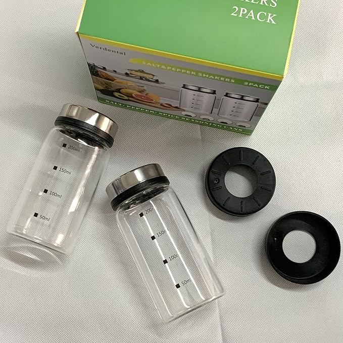 7 oz Salt and Pepper Shaker Set with 304 Stainless Cover Adjustable Outlet Holes Glass Spice Jars Dispenser Seasoning Cans for Kitchen Decor and Home Restaurant BBQ Camping Kitchen Accessories (2Pcs)
