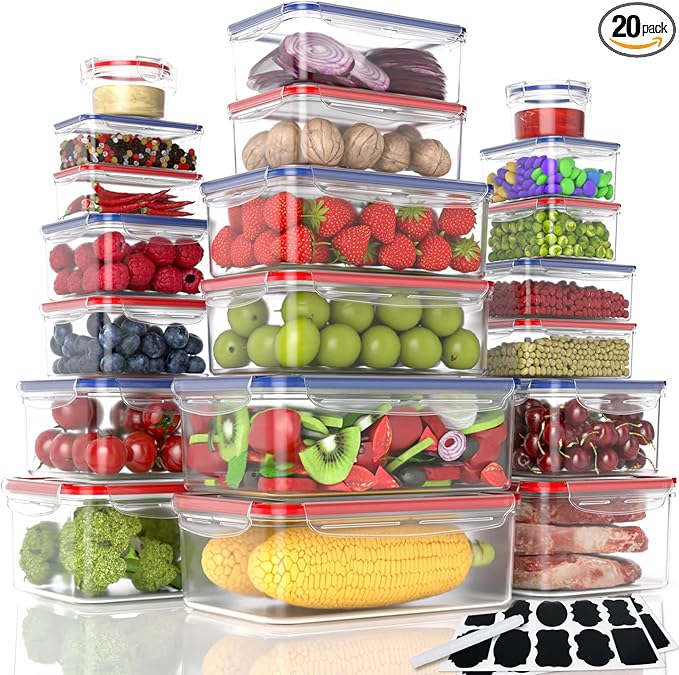40-Piece Reusable Food Storage Containers with Lids Airtight, 100% Leakproof Plastic Meal Prep Storage Food Grade Kitchen Organizer, Stackable Freezer Containers, Microwave & Dishwasher Safe